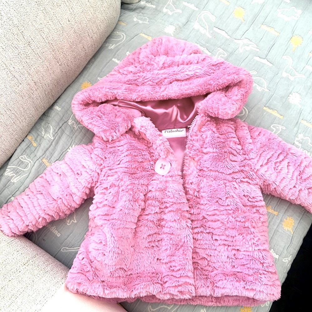 PISTACHIO furry hooded pink jacket for 18 months old girl